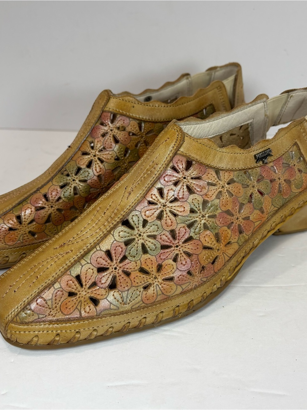 Vtg Pikolinos Romana Slingback Leather Floral Sandals Brandy US 7 Cottagecore